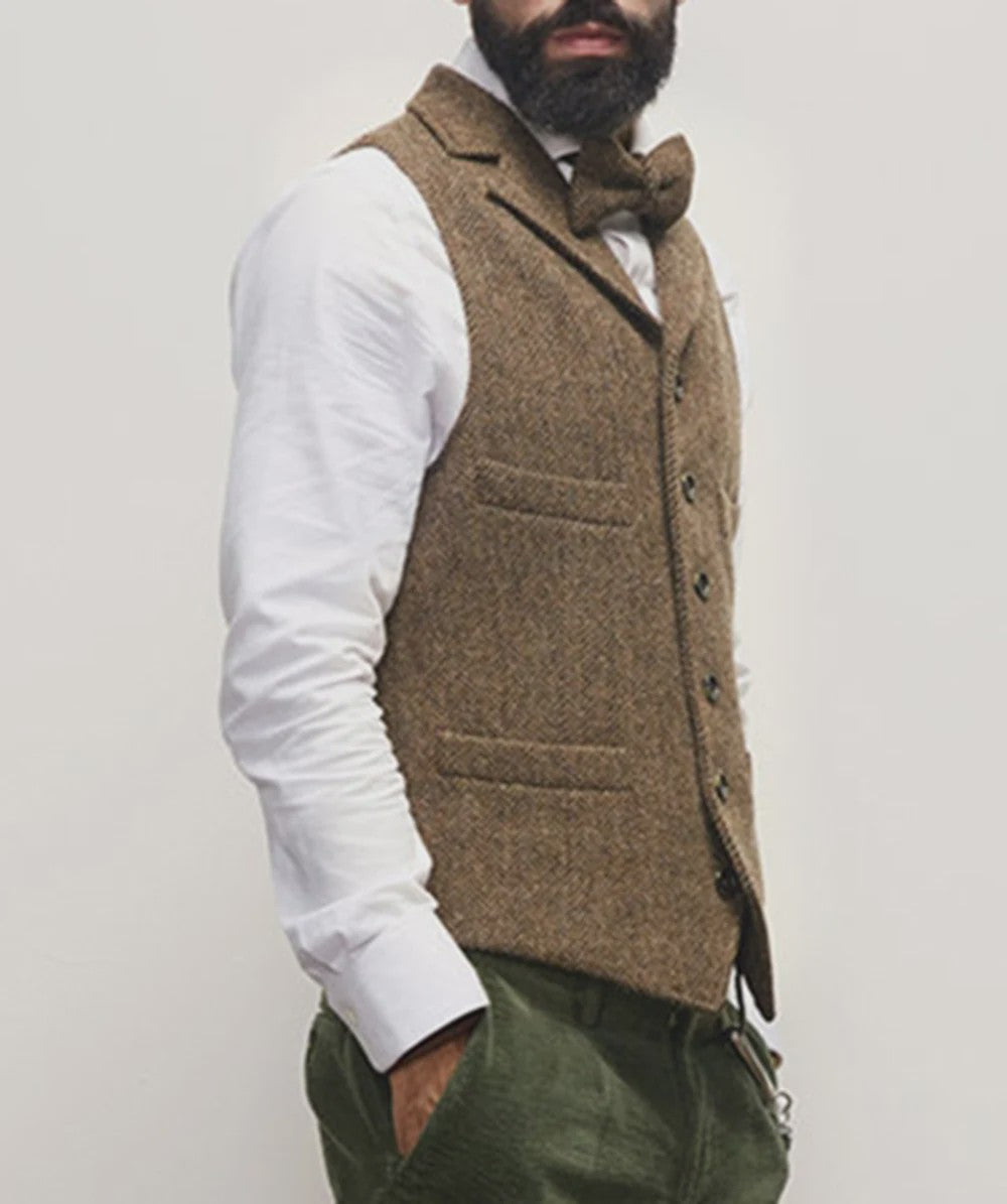 Herentrui Gilet Wol Tweed Visgraat Bruin - Klassiek Gilet voor Bruiloft & Feest