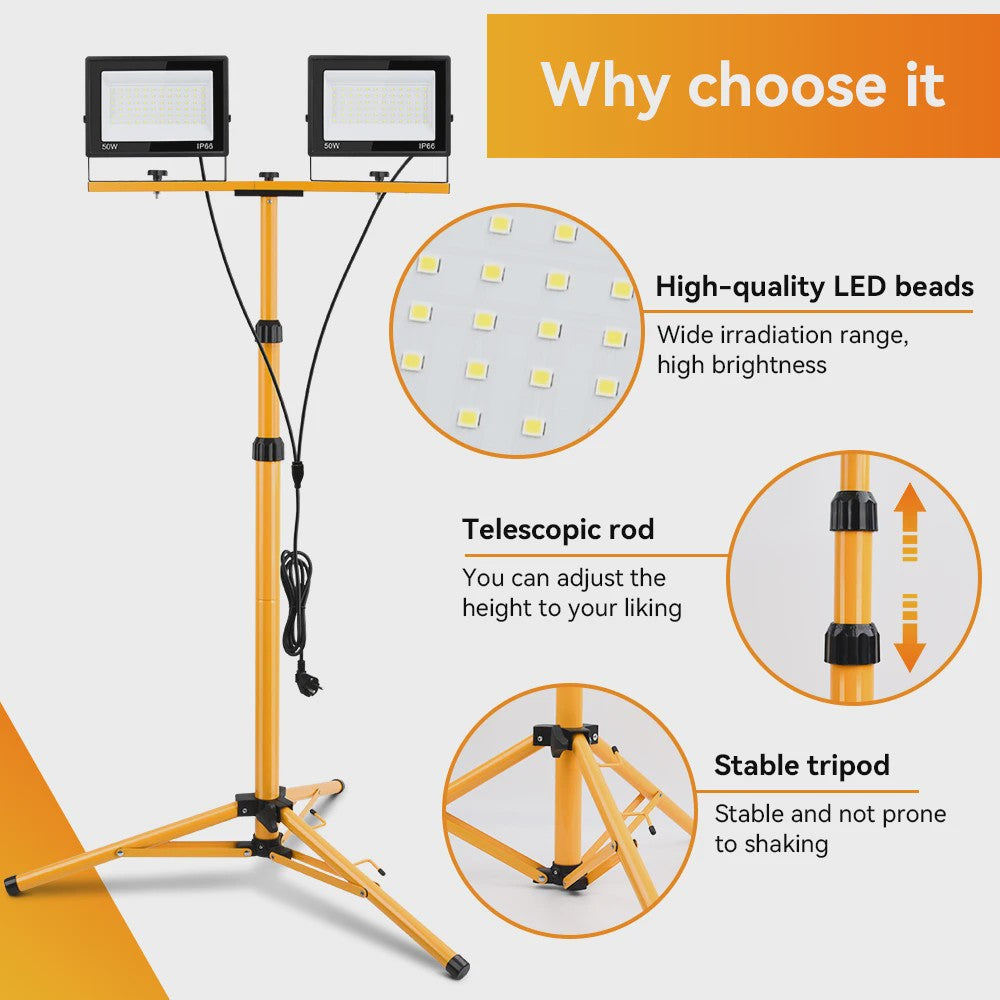 Dubbele LED Werkverlichting op Verstelbaar Statief - 200W/100W - IP66 Waterdicht