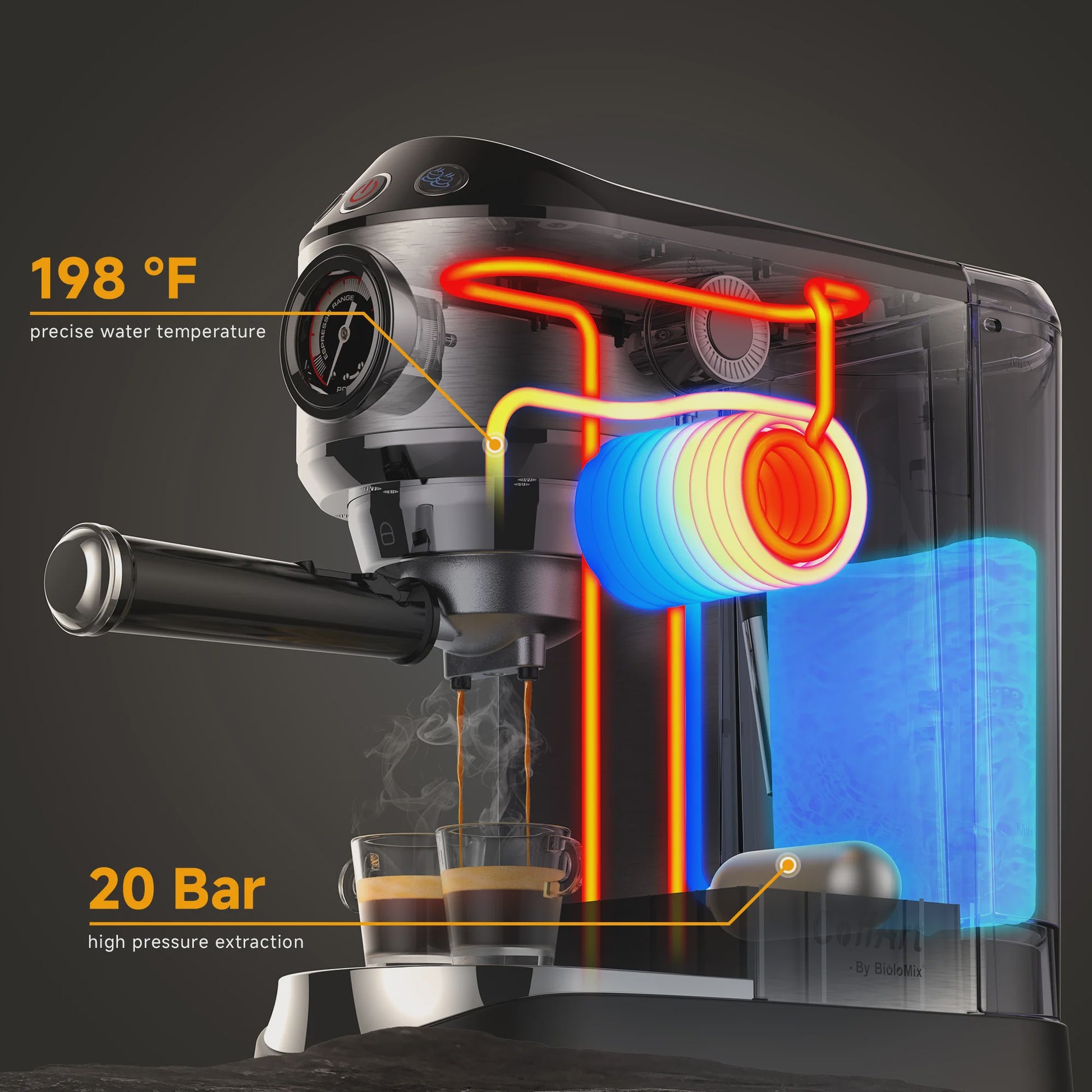 BioloMix Espressomachine 20 Bar RVS met Stoompijpje - Semi-Automatisch