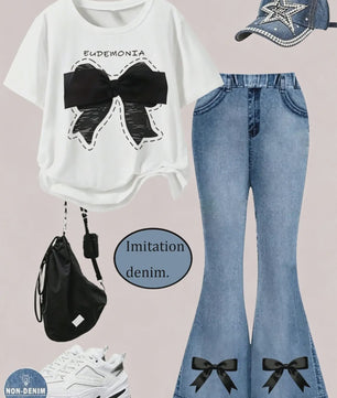 Zomer Outfit Meisjes: Trendy Set met Strikjes - T-shirt & Flared Jeans voor Kinderen (4-12 jaar)
