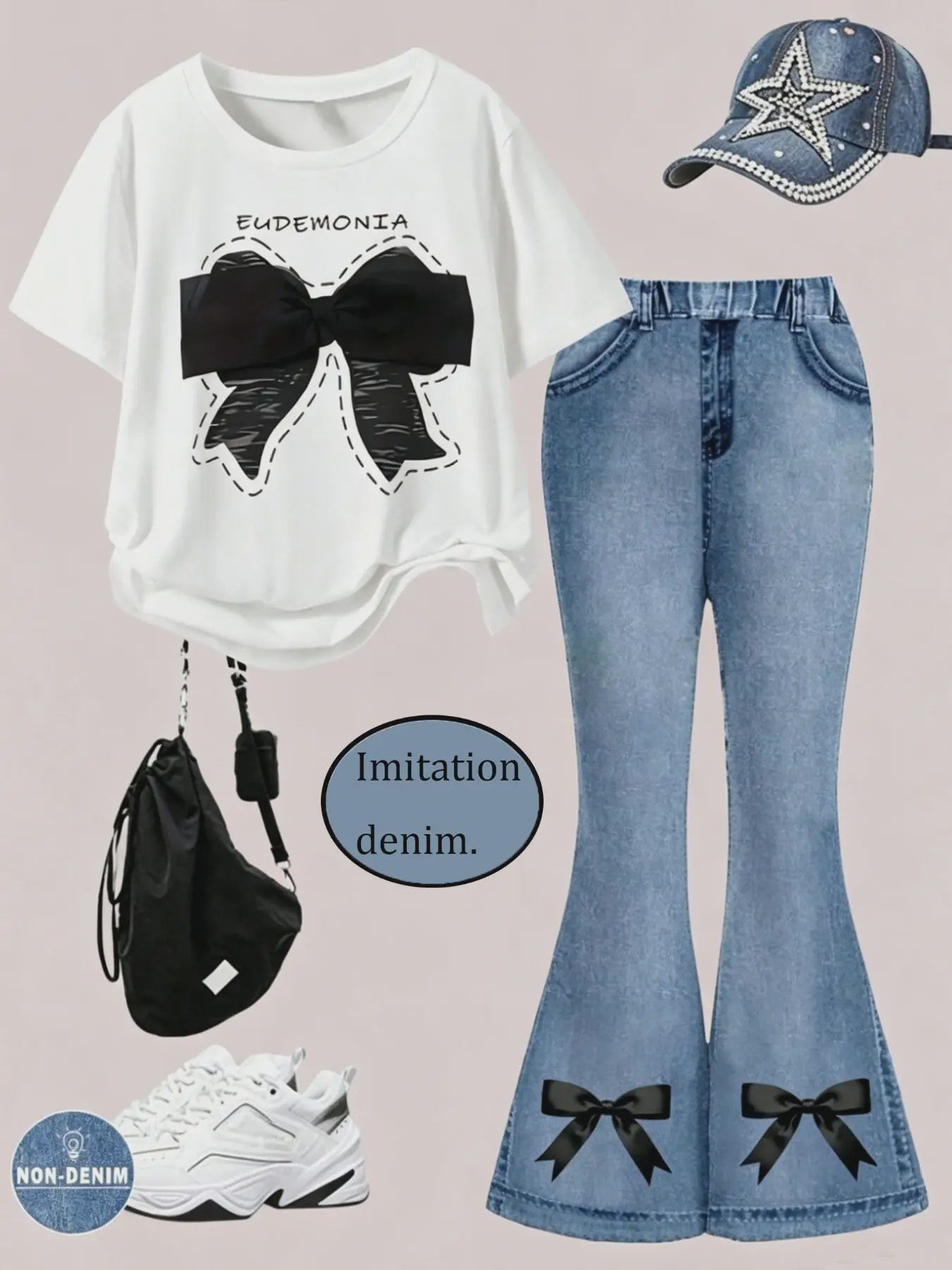Zomer Outfit Meisjes: Trendy Set met Strikjes - T-shirt & Flared Jeans voor Kinderen (4-12 jaar)