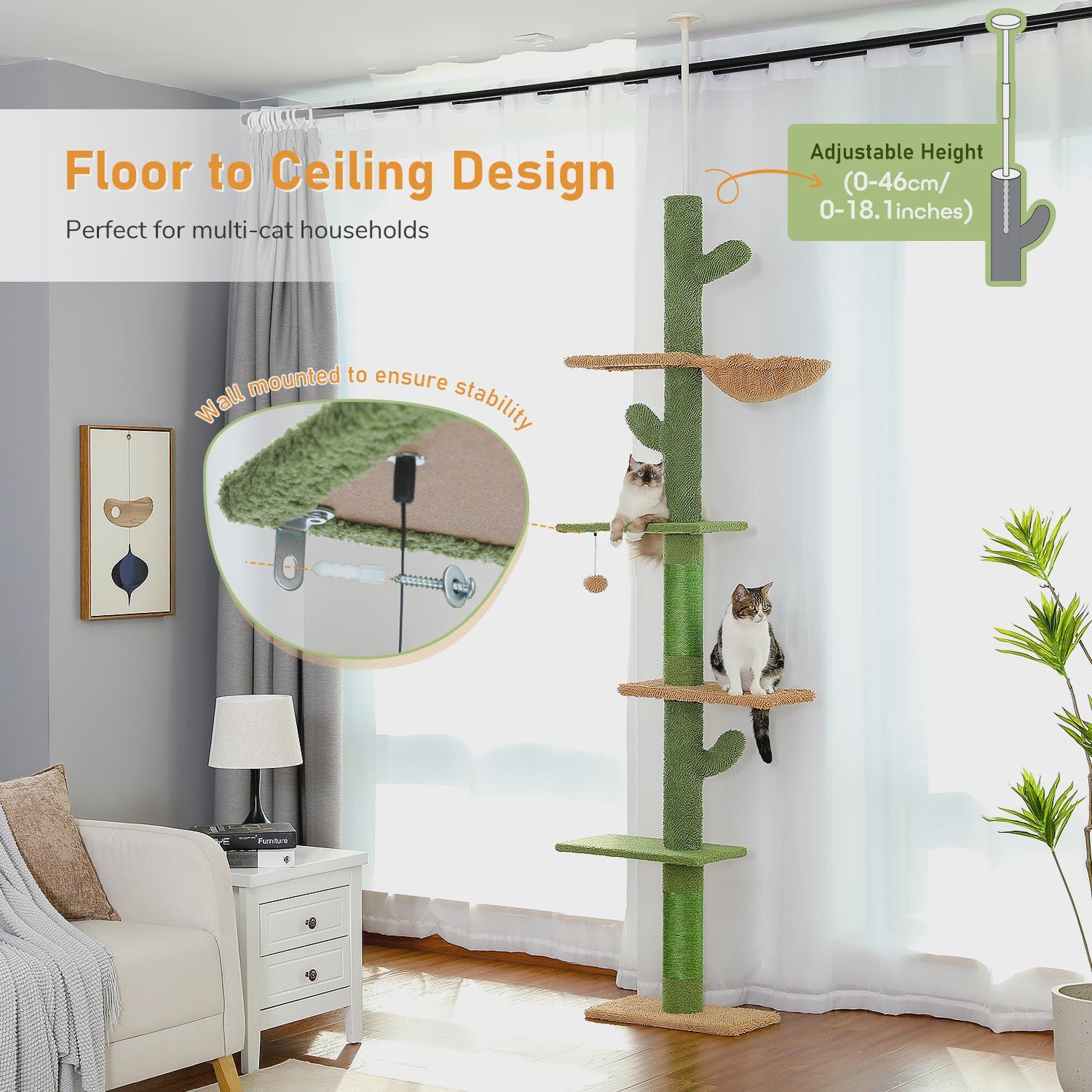 Cactus Kattenboom 5-Tier Vloer tot Plafond Klimpaal met Hangmat & Krabpaal