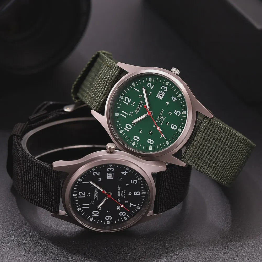 Stijlvol Herenhorloge met Kwarts Uurwerk, Lichtgevende Wijzers en Datum - Militair/Sportief Nylon Band