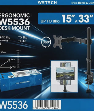WETECH W5536 Monitor Arm: Verstelbare Desk Mount voor 15-33 Inch Schermen, 8kg Belasting, VESA 75/100, 360° Rotatie