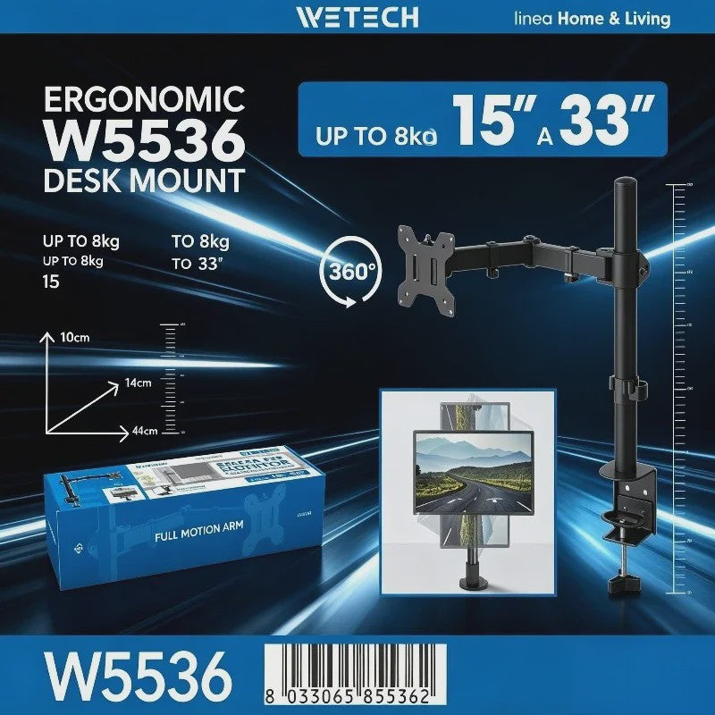 WETECH W5536 Monitor Arm: Verstelbare Desk Mount voor 15-33 Inch Schermen, 8kg Belasting, VESA 75/100, 360° Rotatie