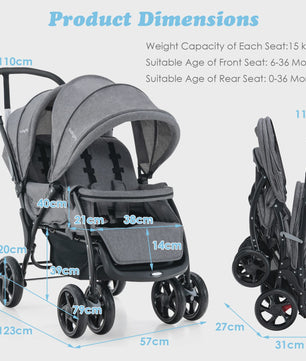Dubbele Kinderwagen Inklapbaar met Verstelbare Rugleuning en Kap - Comfortabele Reisbuggy voor Tweeling