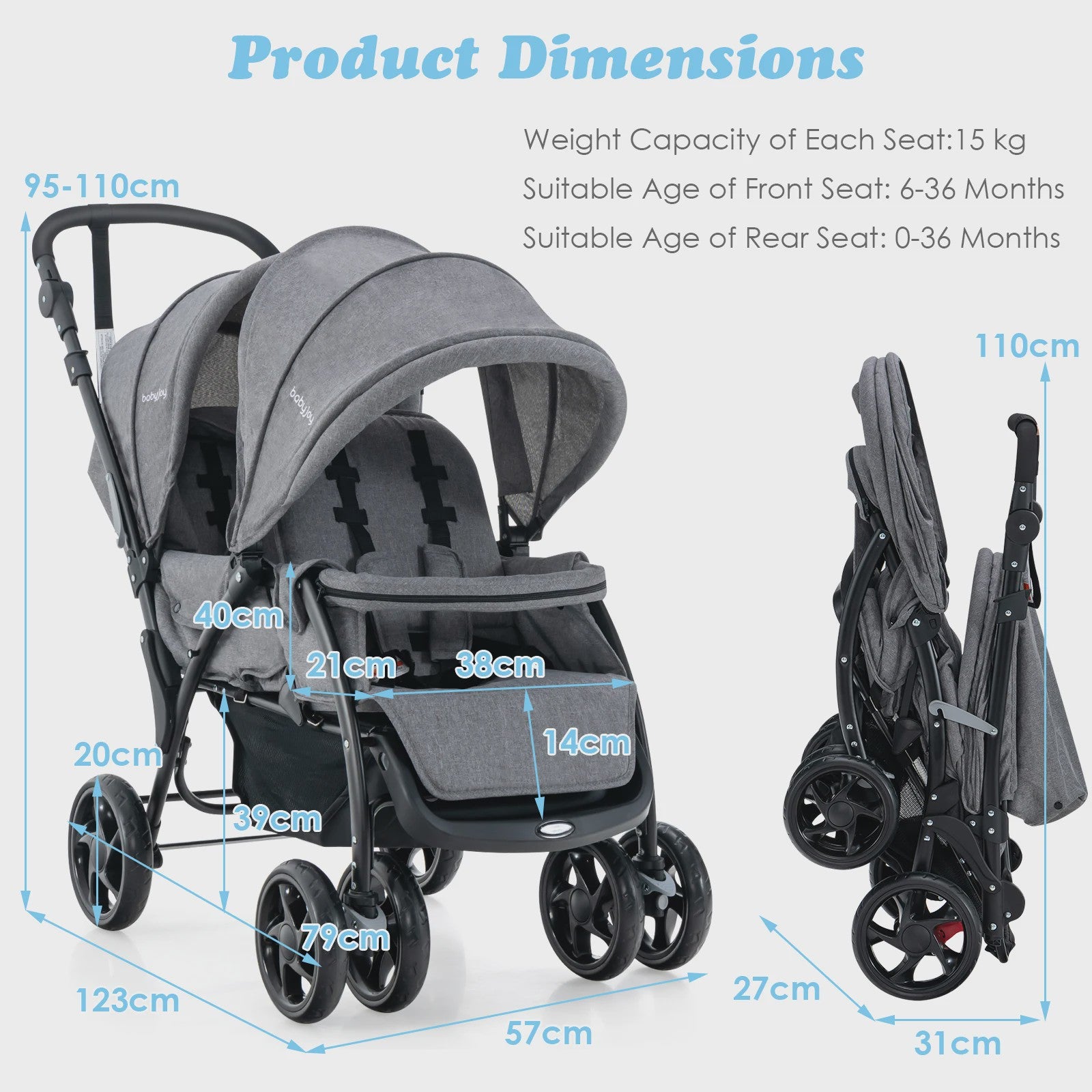 Dubbele Kinderwagen Inklapbaar met Verstelbare Rugleuning en Kap - Comfortabele Reisbuggy voor Tweeling