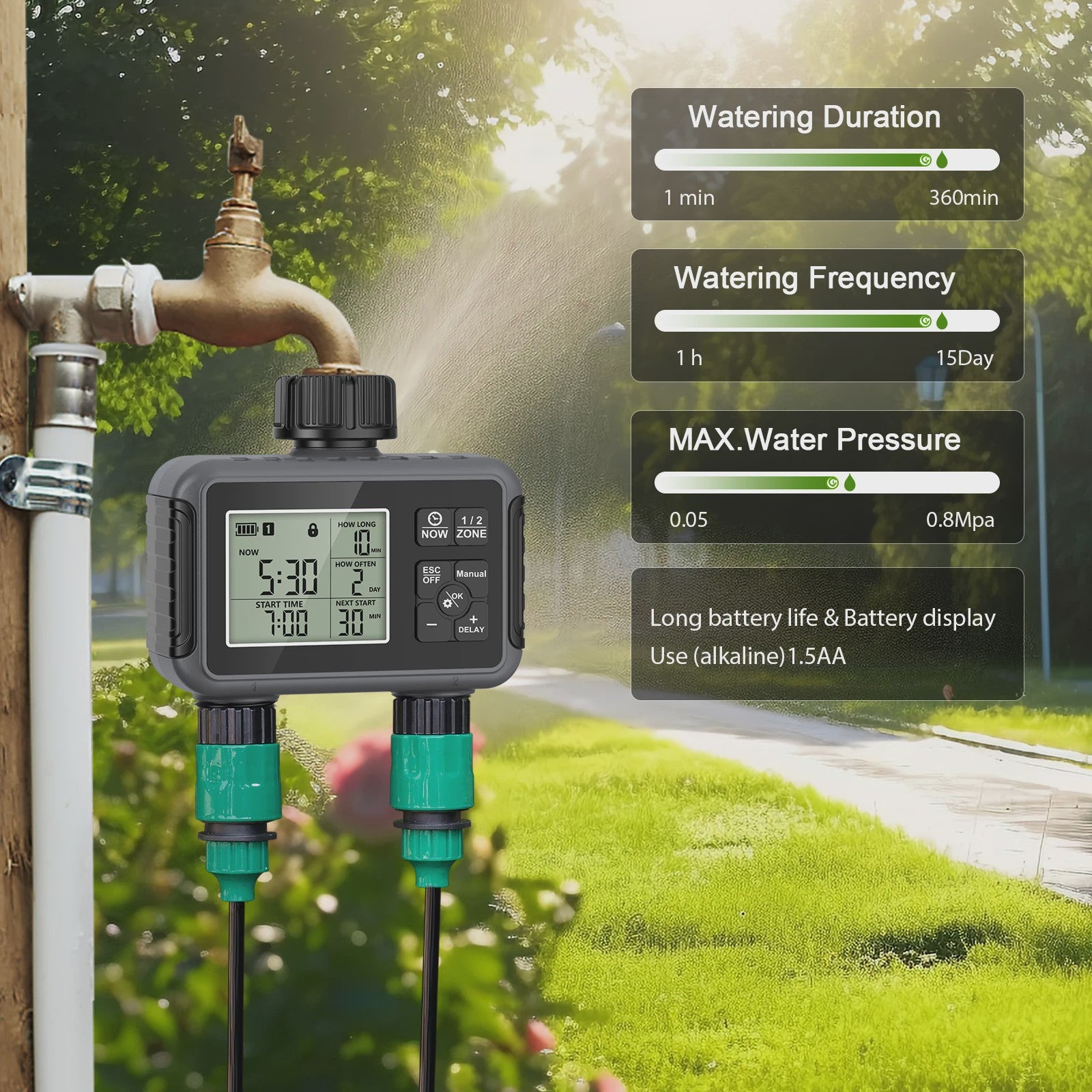 Slimme Tuin Watergift Timer met Dual Zone LCD Display en Vernevelingssysteem