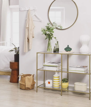 Stijlvolle Console Tafel met 3 Glazen Planken - Goudkleurig Metaal