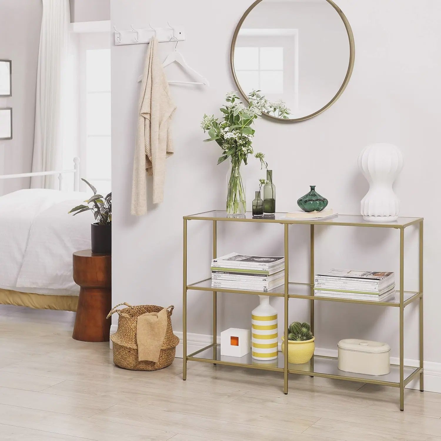 Stijlvolle Console Tafel met 3 Glazen Planken - Goudkleurig Metaal