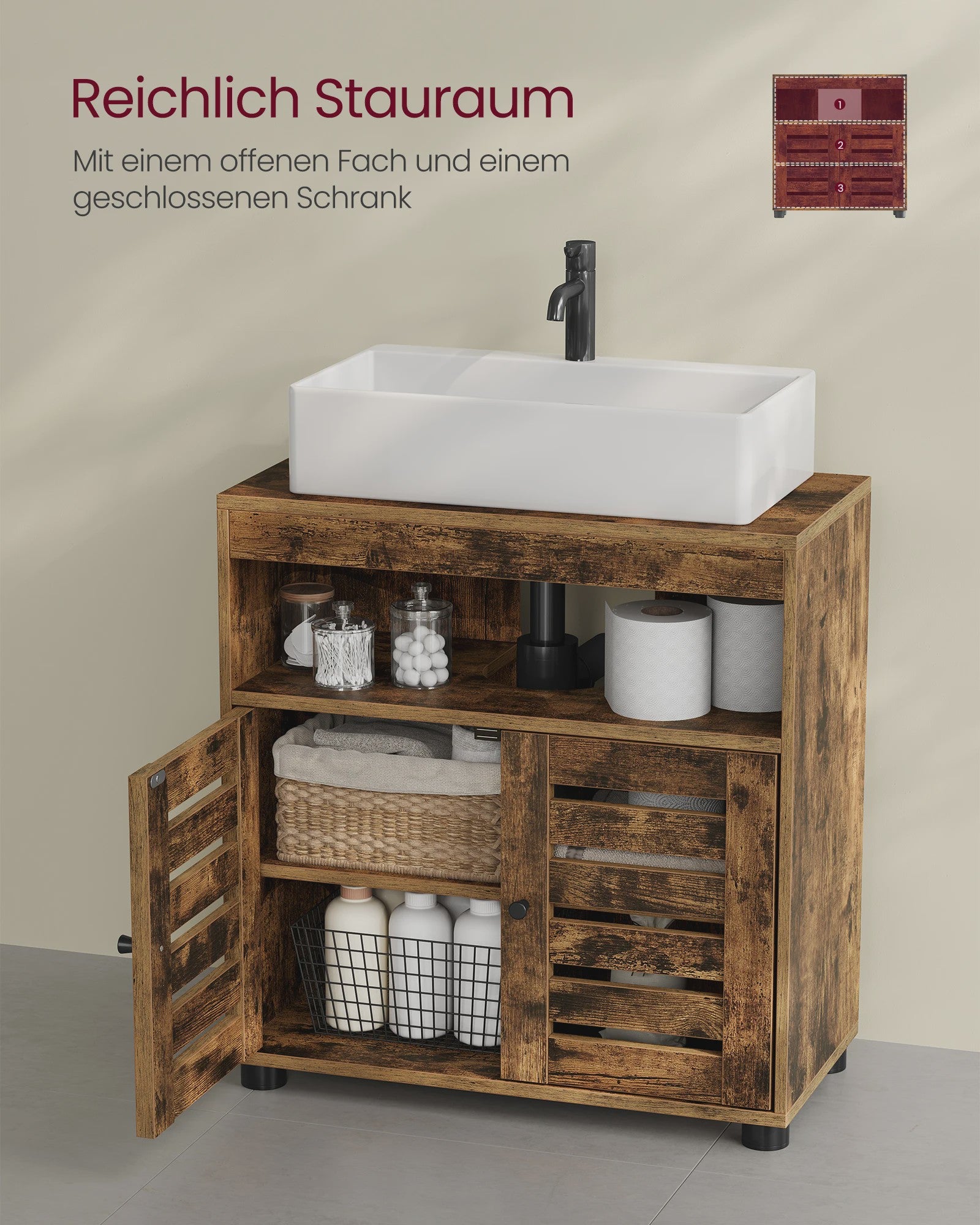 Badkamerkast Onderbouw Wastafel - Rustiek Hout Design met 2 Deuren en Verstelbare Plank