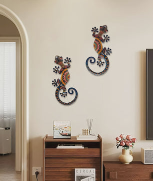 Set van 2 Metalen Gekko Wanddecoratie - Levendige Tribal Patronen voor Binnen & Buiten