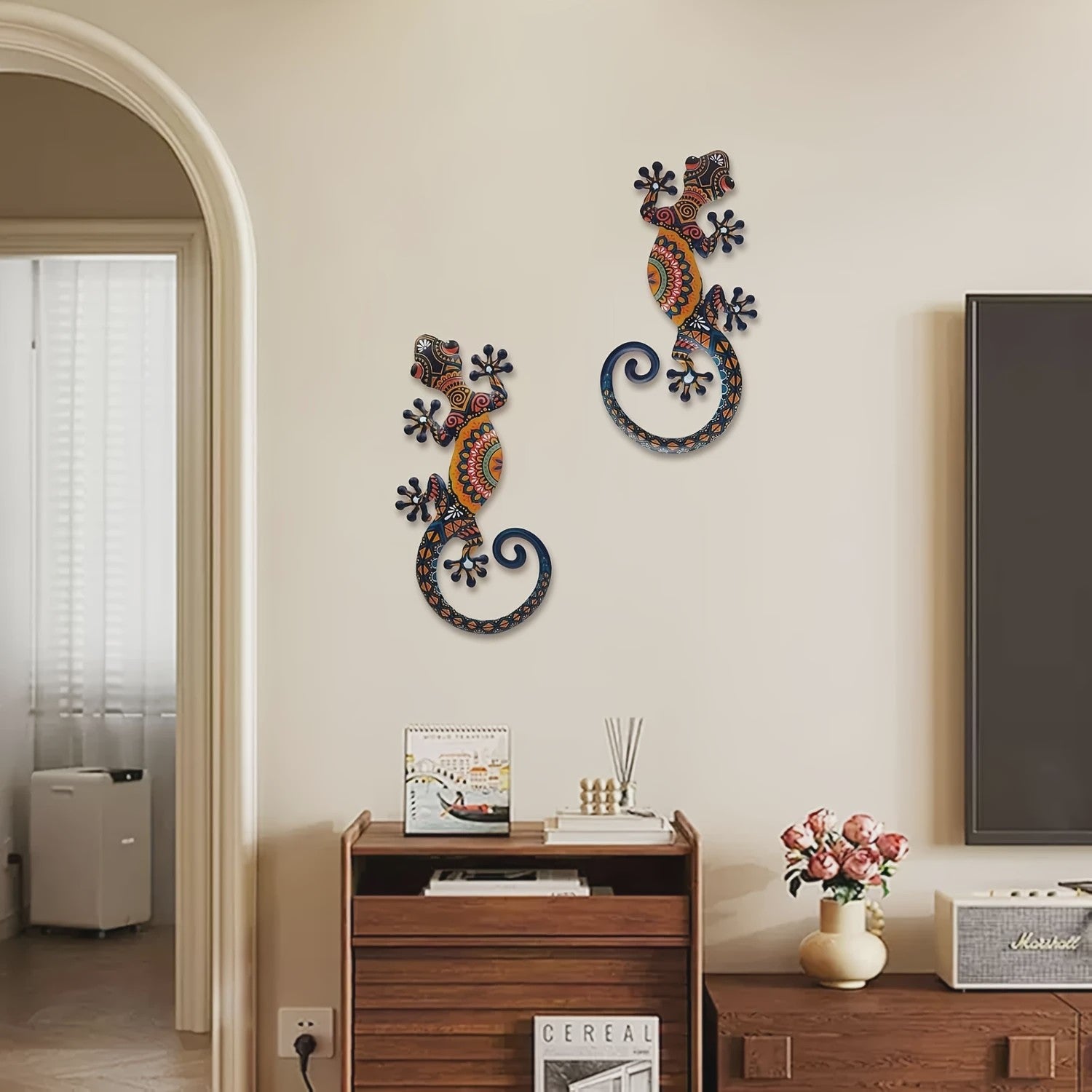 Set van 2 Metalen Gekko Wanddecoratie - Levendige Tribal Patronen voor Binnen & Buiten