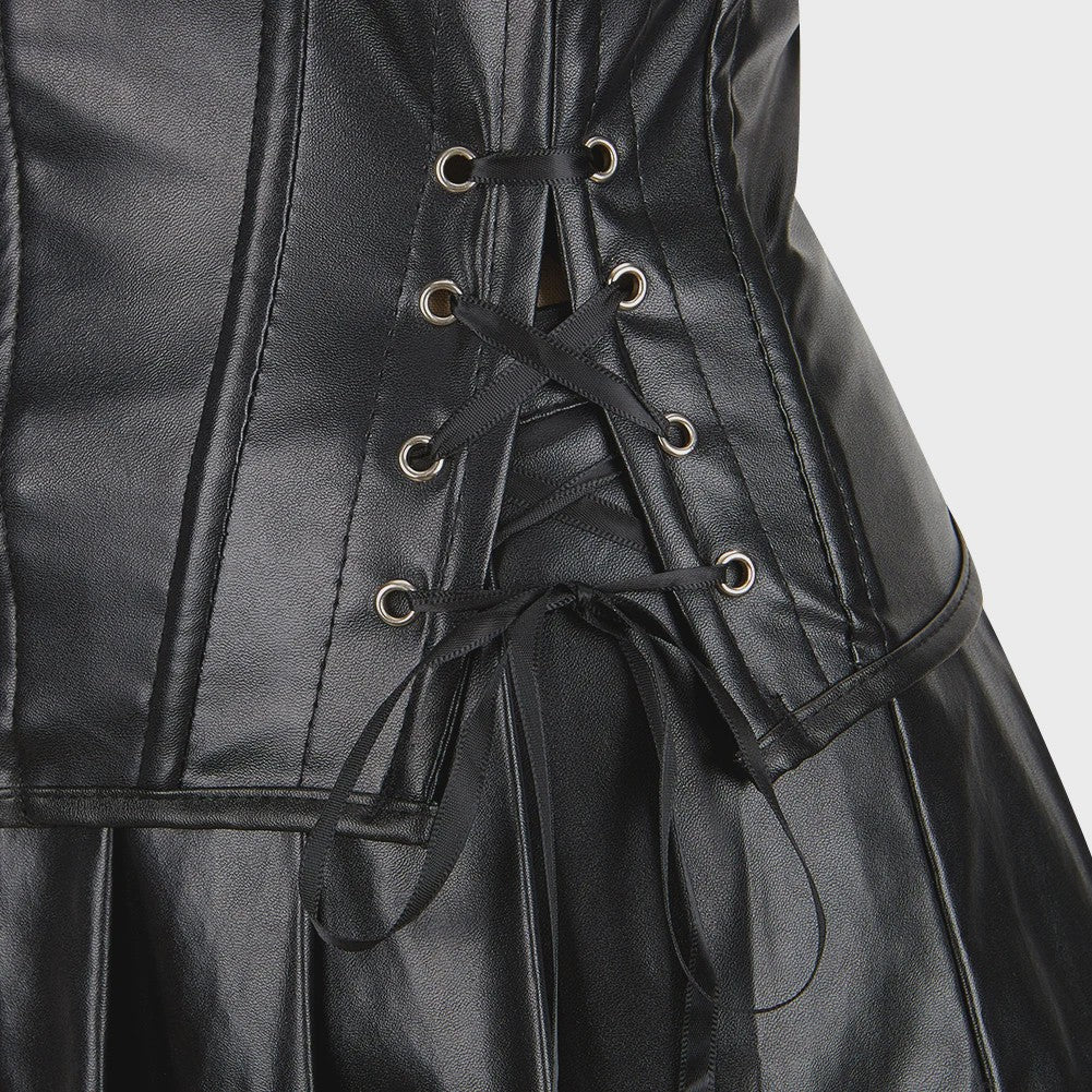 Lederlook Corset met Rok Set - Gothic, Punk & Steampunk Stijl - Verkrijgbaar in Plus Size