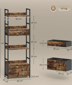 Industriële Boekenkast met 6 Niveaus, 4 Open Planken & 3 Stoffen Lades - Rustiek Bruin