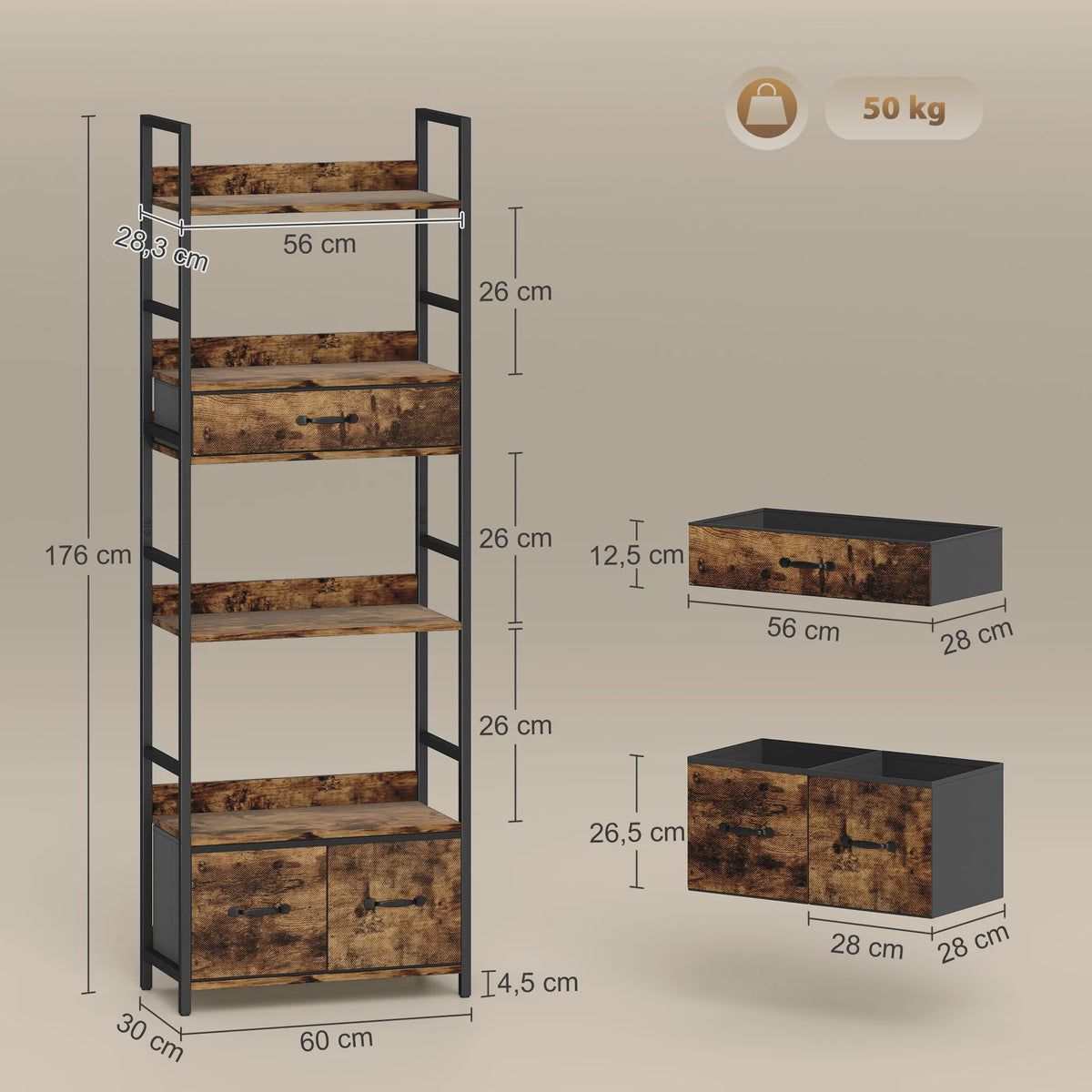 Industriële Boekenkast met 6 Niveaus, 4 Open Planken & 3 Stoffen Lades - Rustiek Bruin
