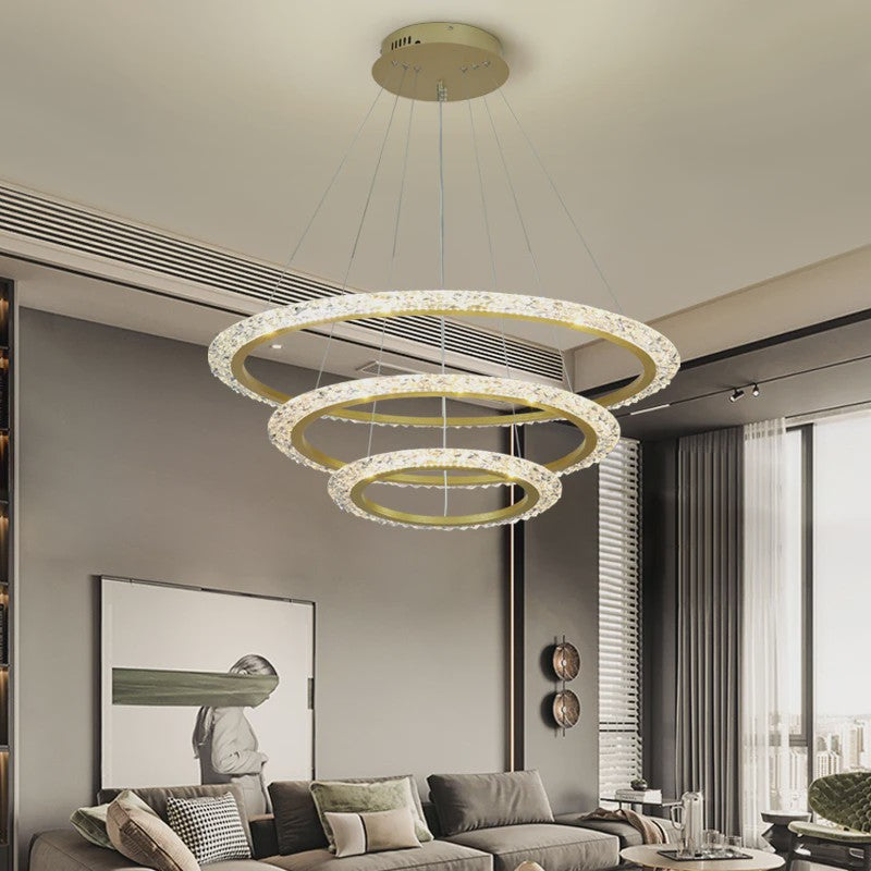Luxe Gouden LED Ring Hanglamp met Kristaldecoratie - Modern Design Kroonluchter voor Woonkamer & Eetkamer