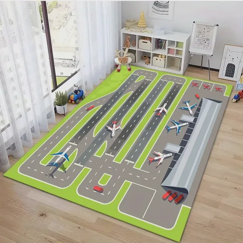 VIKAMA Speelkleed Vliegveld met Vliegtuigen - Wasbaar & Antislip Speelmat voor Kinderkamer
