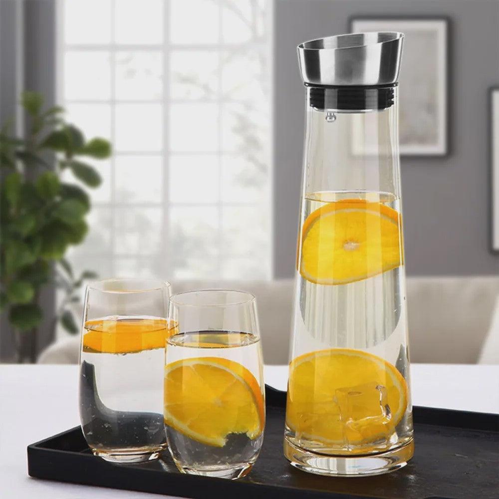Stijlvolle Glazen Waterkan met Deksel - 1 Liter - Perfect voor Water, Sap, IJsthee & Limonade
