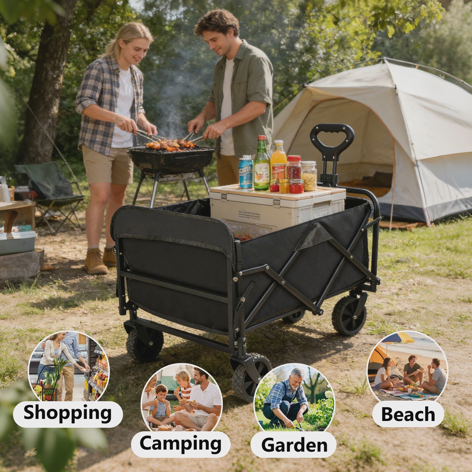 Uitklapbare Kampeerwagen Trolley - 150L, 75kg, 360° Wielen, Verstelbare Handgreep - Ideaal voor Strand, Tuin & Boodschappen