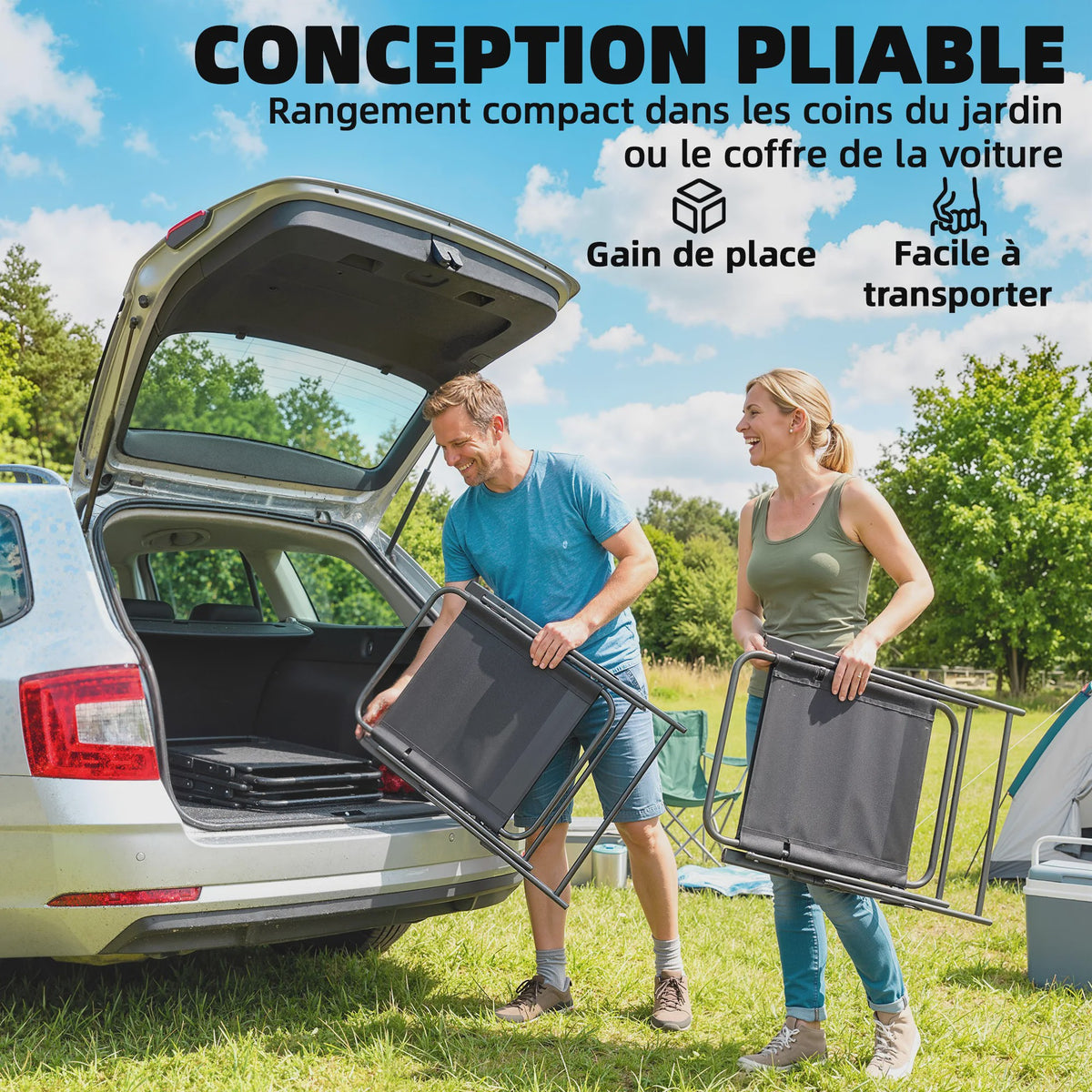 Outsunny Set van 4 Klapstoelen met Armleuningen - Zwart Textilene Zitting