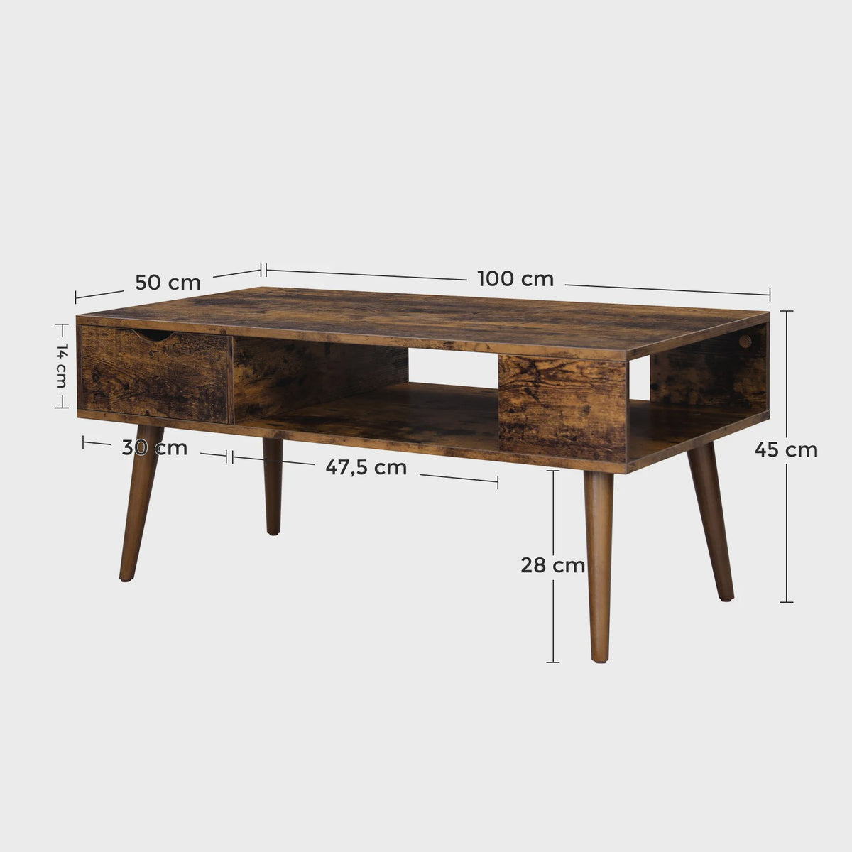 Vintage Salontafel met Lade en Open Opbergvak - 100x50x45 cm