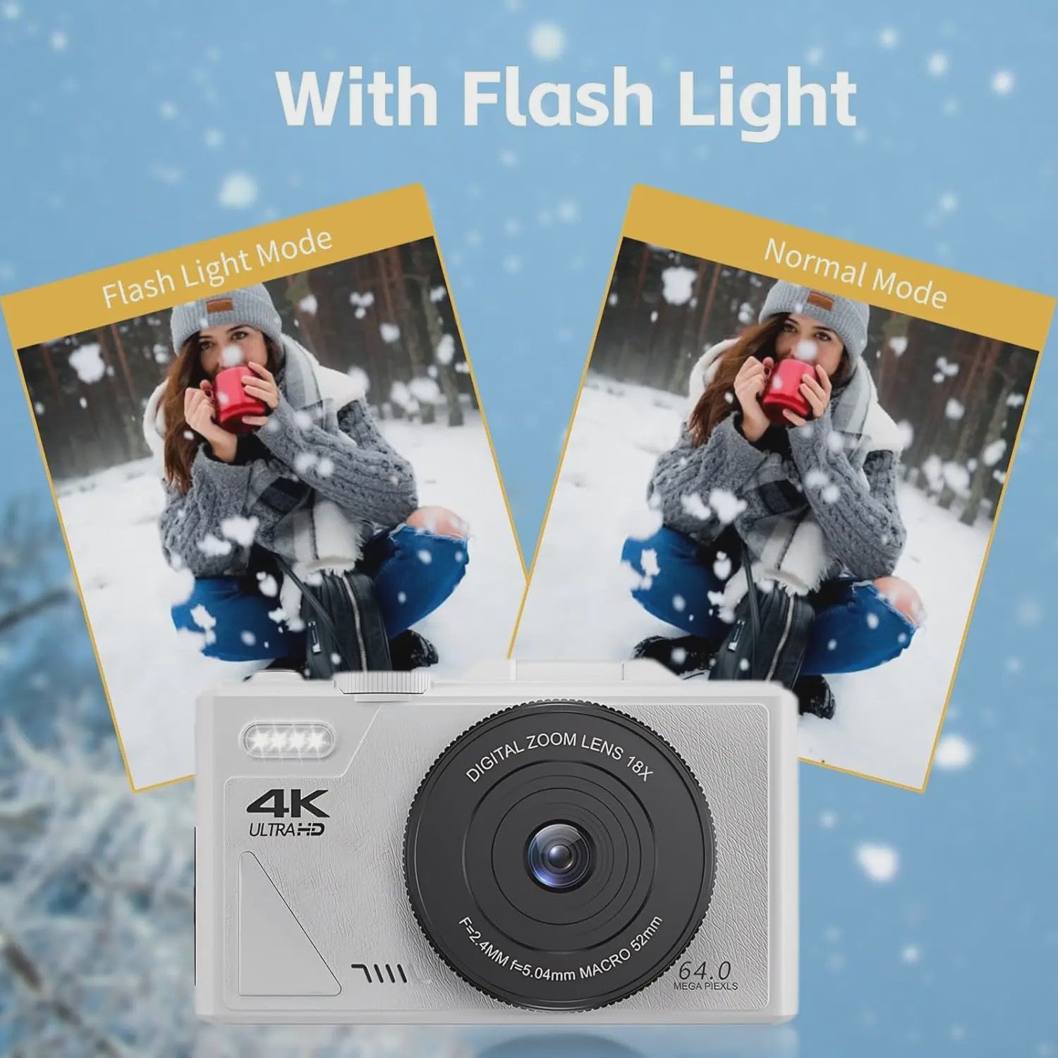 Witte Digitale Camera 64MP met 18x Zoom, WiFi & 3.0" Touchscreen - Ideaal voor Beginners, Kids, Reizen & Vlogging (64GB)