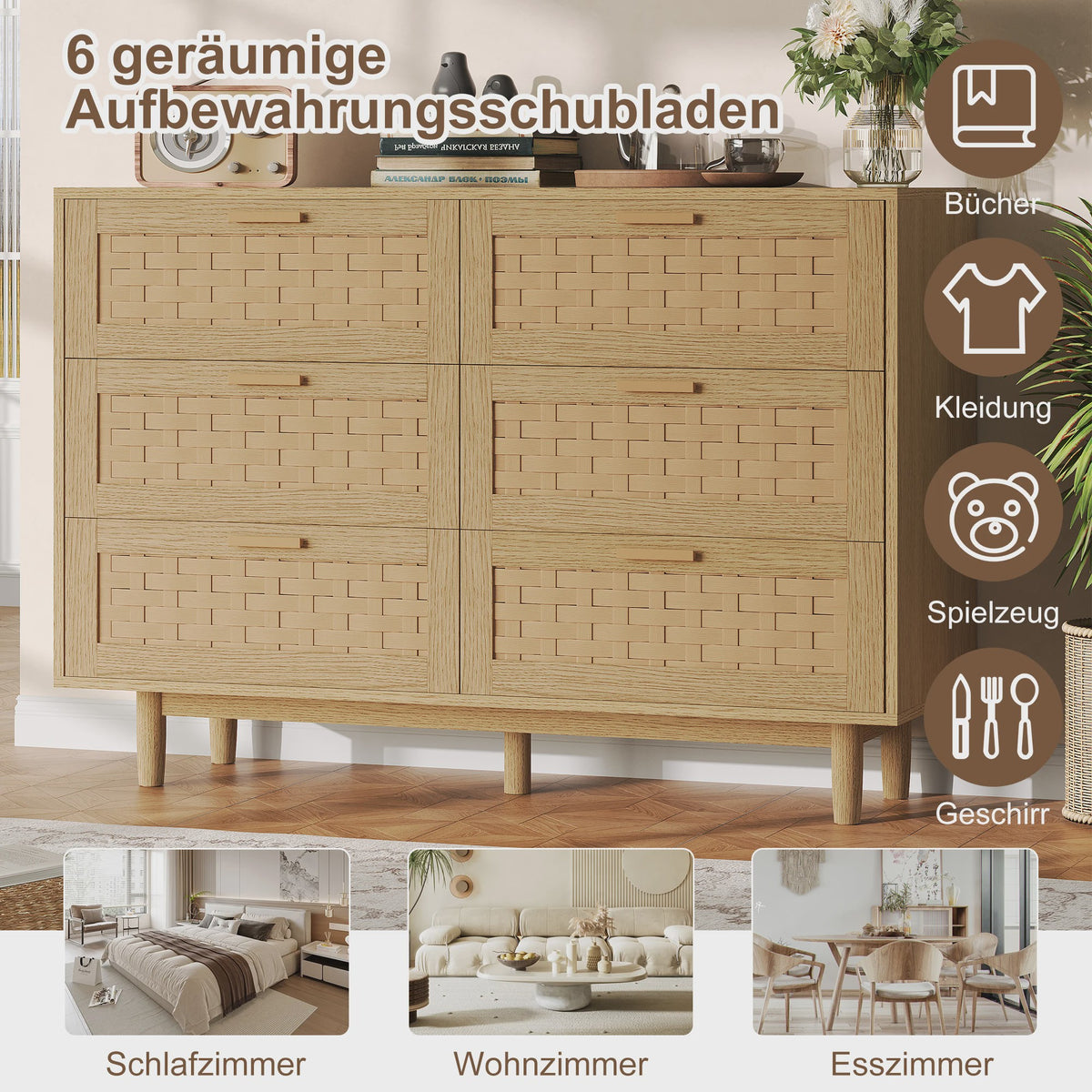 Ladekast met Rotan Front en Metalen Handgrepen - 6 Lades, 115 cm Breed