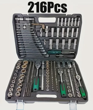 216-delige Professionele Doppenset: SAE & Metrisch, 1/4", 3/8", 1/2" Aandrijving met 72-Tands Ratel voor Auto & Huis