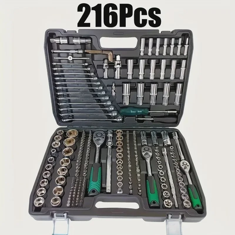 216-delige Professionele Doppenset: SAE & Metrisch, 1/4", 3/8", 1/2" Aandrijving met 72-Tands Ratel voor Auto & Huis