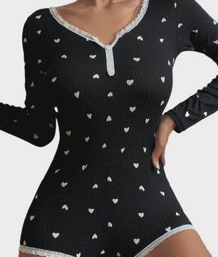 Dames Pyjama Jumpsuit met Liefdesprint - Lange Mouwen & Kantrandje