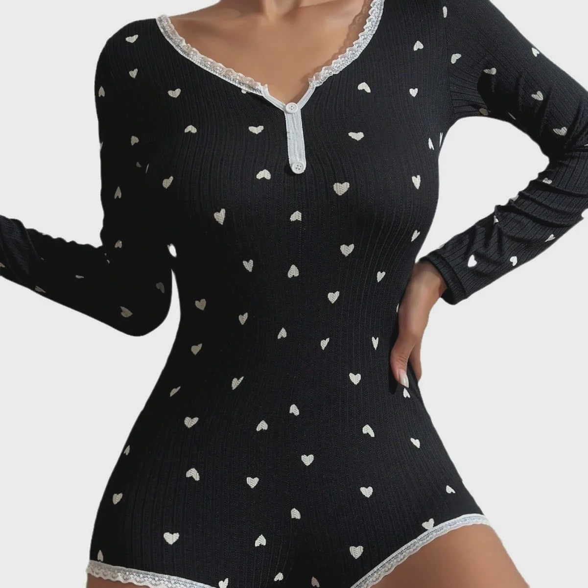 Dames Pyjama Jumpsuit met Liefdesprint - Lange Mouwen & Kantrandje