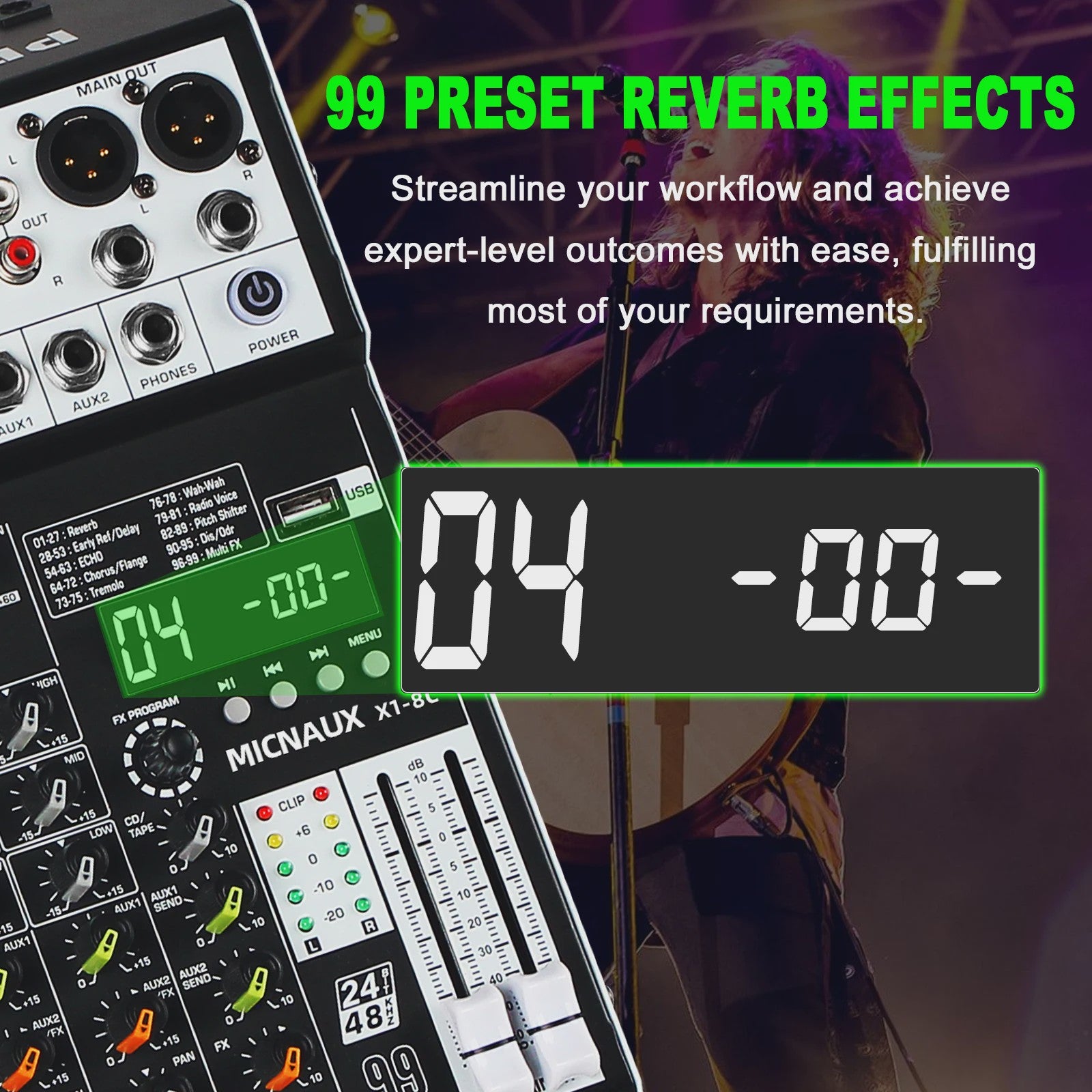 FULUODE X1-8C: Professionele 8-Kanaals Audio Mixer met 99 DSP Effecten, USB & Bluetooth