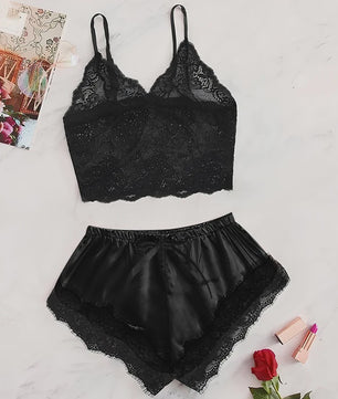 Dames Pyjamaset Satijn met Kant - Sexy Cami Top en Shorts Nachtkleding Zomer