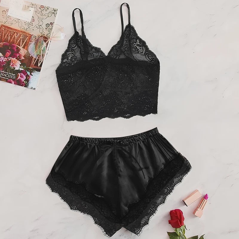 Dames Pyjamaset Satijn met Kant - Sexy Cami Top en Shorts Nachtkleding Zomer