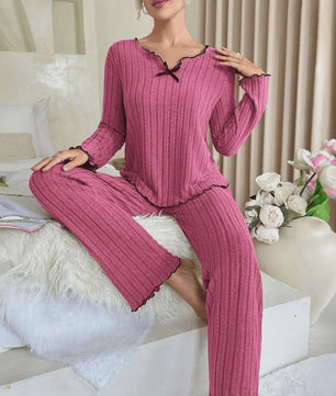 Dames Pyjama Set Ribbel Gebreid met Strikje en Volantrand - Comfortabele Loungewear