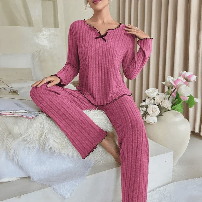 Dames Pyjama Set Ribbel Gebreid met Strikje en Volantrand - Comfortabele Loungewear