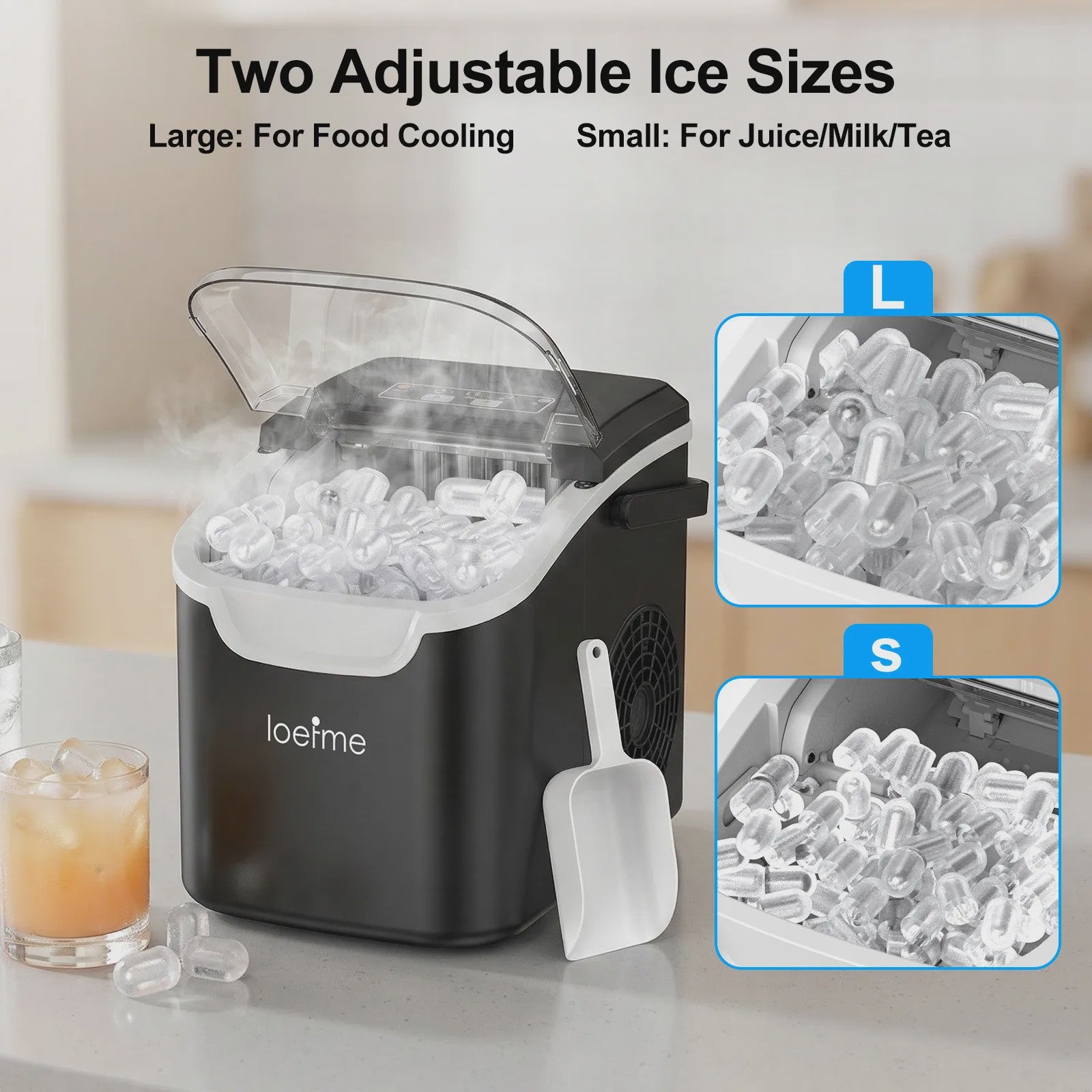 LOEFME Draagbare Mini Ijsmaker: Snel 12kg/24h IJs, 2 Maten, Desktop Model met Schep