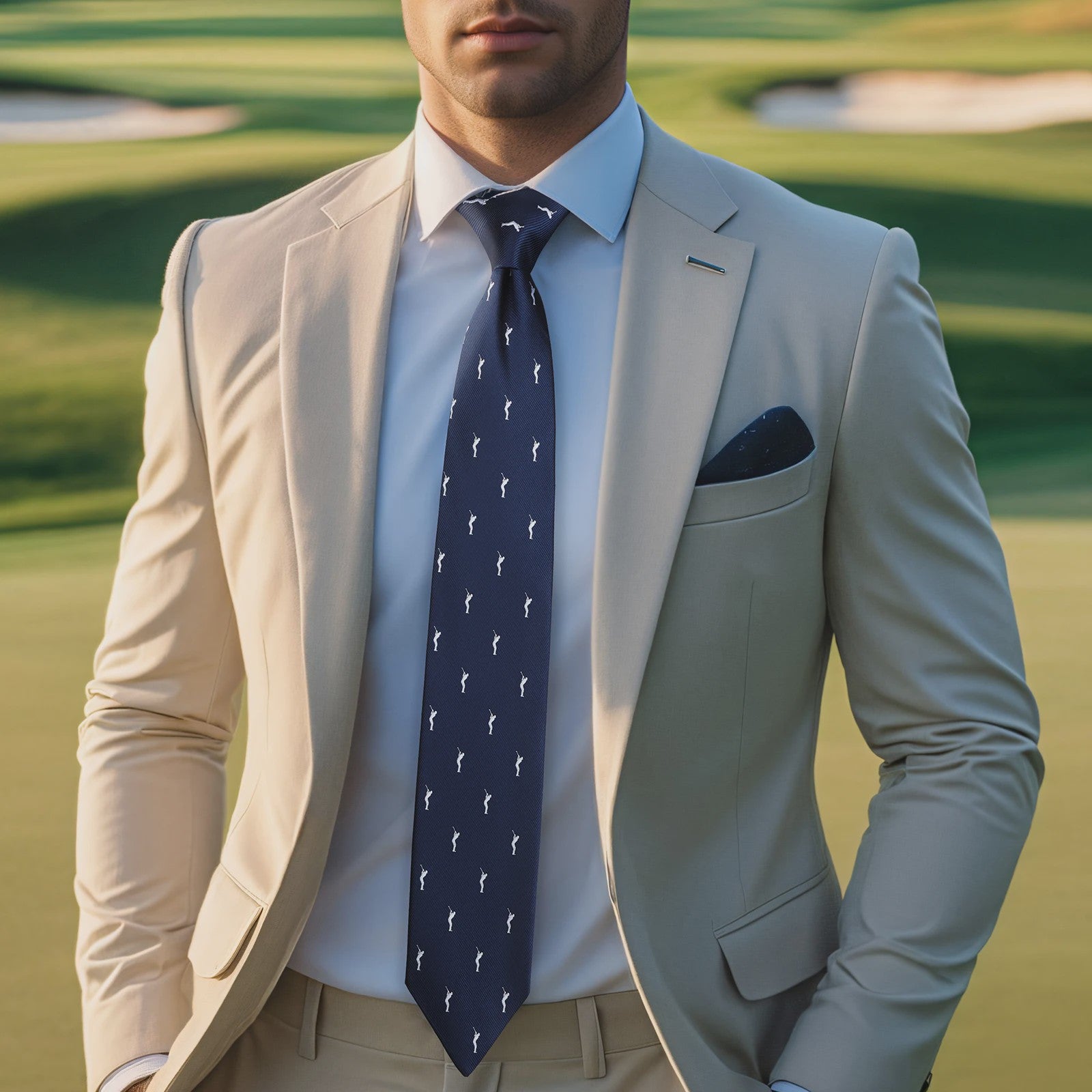 Navy Blauwe Heren Stropdas met Golfspeler Patroon - 146cm