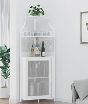 Industriële Hoekbar Kast met Wijnrek, Glazenhouder en Gaasdeur - Compact Buffet voor Woonkamer, Keuken of Eetkamer