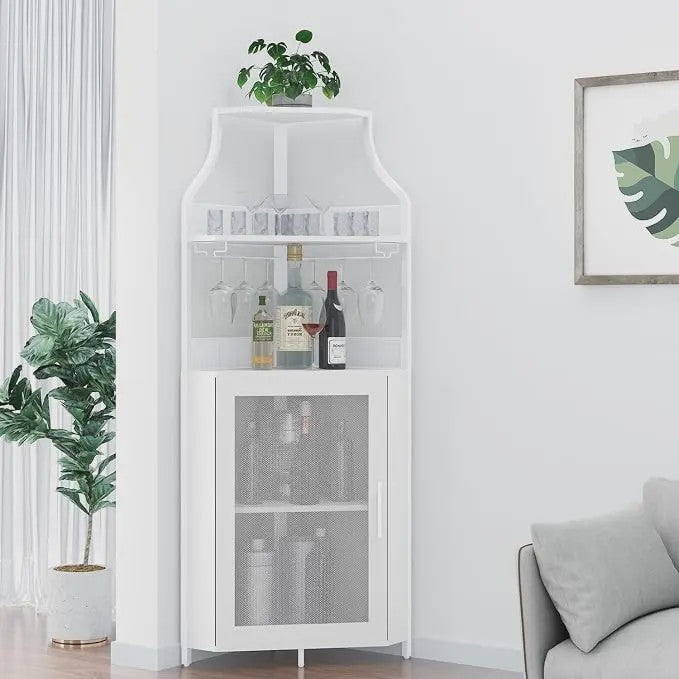 Industriële Hoekbar Kast met Wijnrek, Glazenhouder en Gaasdeur - Compact Buffet voor Woonkamer, Keuken of Eetkamer