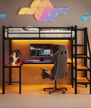 Ruimtebesparend 90x190cm Hoogslaper met L-vormig Bureau, Trap, Opslag & Veiligheidshek