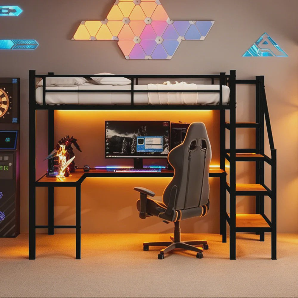 Ruimtebesparend 90x190cm Hoogslaper met L-vormig Bureau, Trap, Opslag & Veiligheidshek