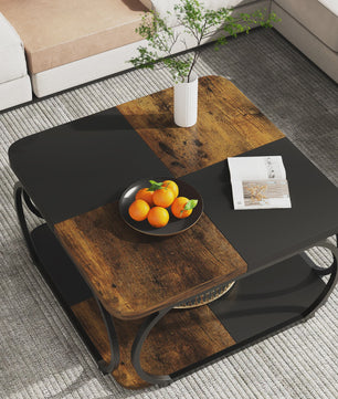Industriële Salontafel met 2 Niveaus - 100 cm Vierkant - Metaal & Hout-look