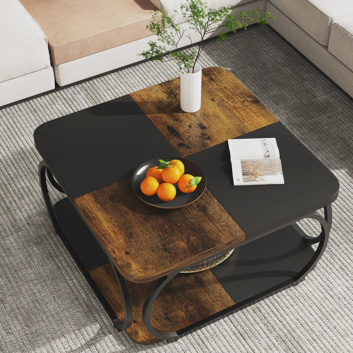 Industriële Salontafel met 2 Niveaus - 100 cm Vierkant - Metaal & Hout-look