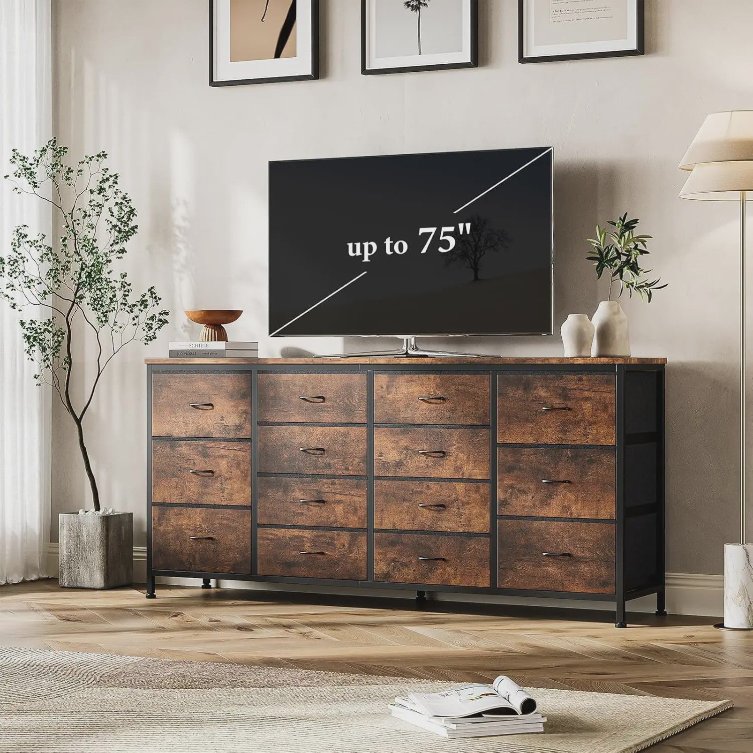 Industriële Ladekast 160cm met 14 Stoffen Lades - TV Meubel & Opbergkast