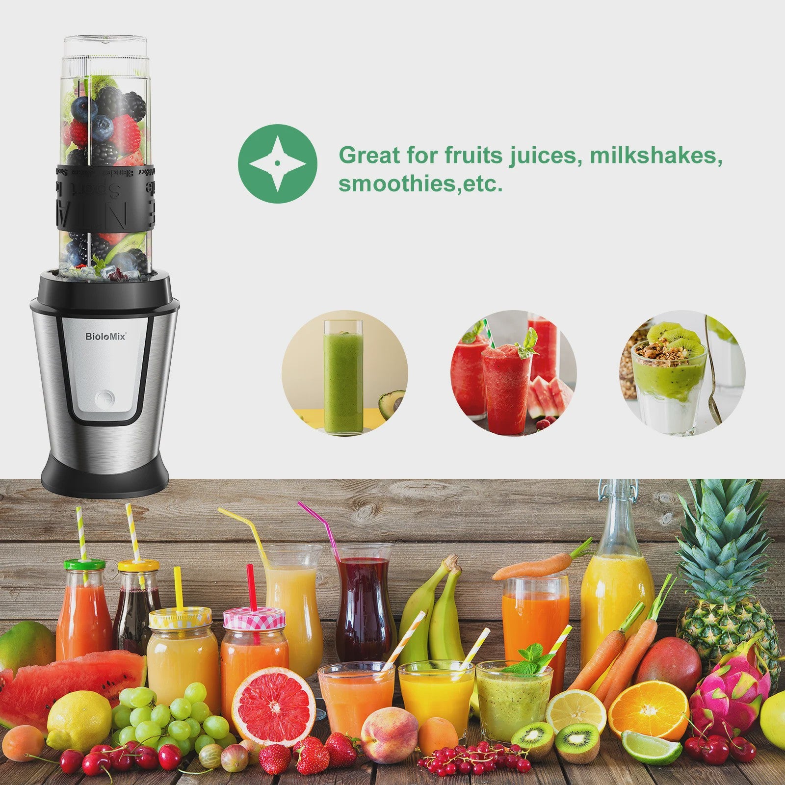 BioloMix 700W Compacte Keuken Blender: 3-in-1 Juicer, Food Processor & Grinder