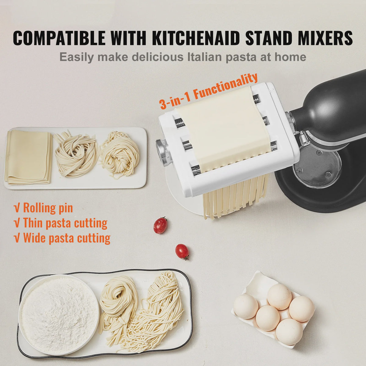 SucceBuy Pastaroller en Snijder Set voor KitchenAid Stand Mixer - 3-in-1 Roestvrij Staal