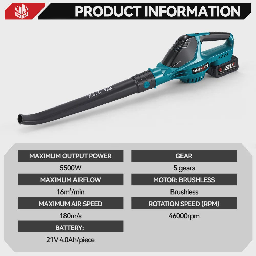 ONEVAN 5500W Krachtige Accu Bladblazer - Borstelloos, 5 Snelheden, Makita Batterij Compatibel