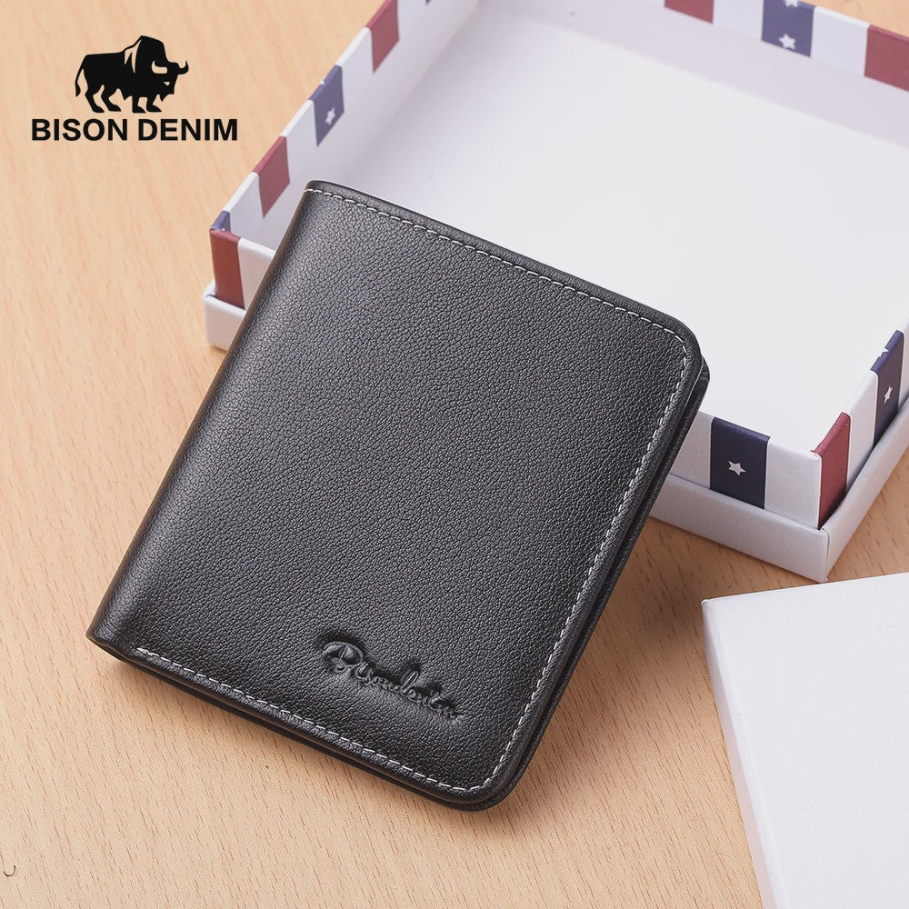 Bison Denim Heren Portemonnee - Echt Leer, Zwart, Mini Model N4429